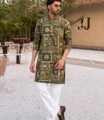 GREEN CREPE SILK PARTY WEAR DIGITAL PRINT KURTA AND PAYJAMA
