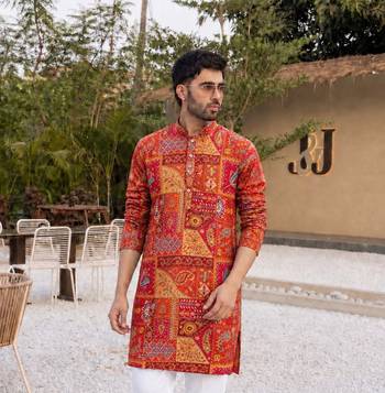 ORANGE CREPE SILK PARTY WEAR KURTA AND PAYJAMA 2