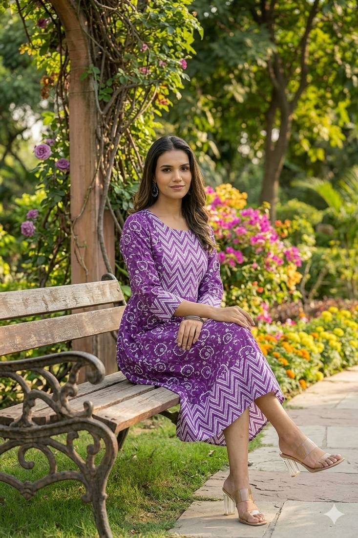 Women's Purple Floral Printed Pure Cotton Kurti | Comfortable Casual Wear