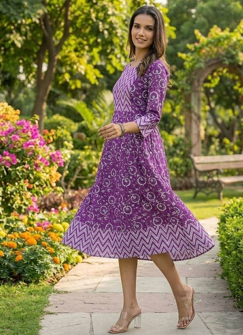 Women's Purple Floral Printed Pure Cotton Kurti | Comfortable Casual Wear