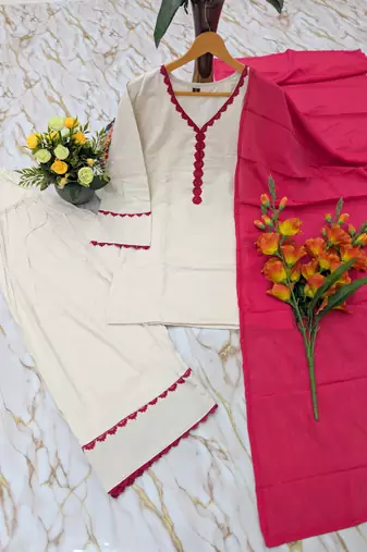 Women's off white cotton embroidered straight kurta set with pant and dupatta