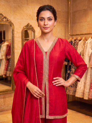 Pink vichitra silk embroidered kurta palazzo set with dupatta for women 2