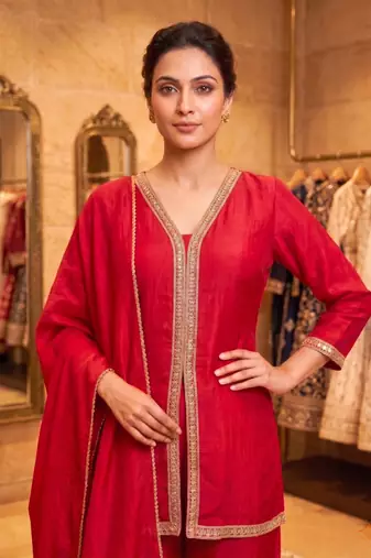 Pink vichitra silk embroidered kurta palazzo set with dupatta for women