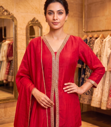 Pink vichitra silk embroidered kurta palazzo set with dupatta for women