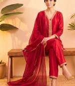 Pink vichitra silk embroidered kurta palazzo set with dupatta for women