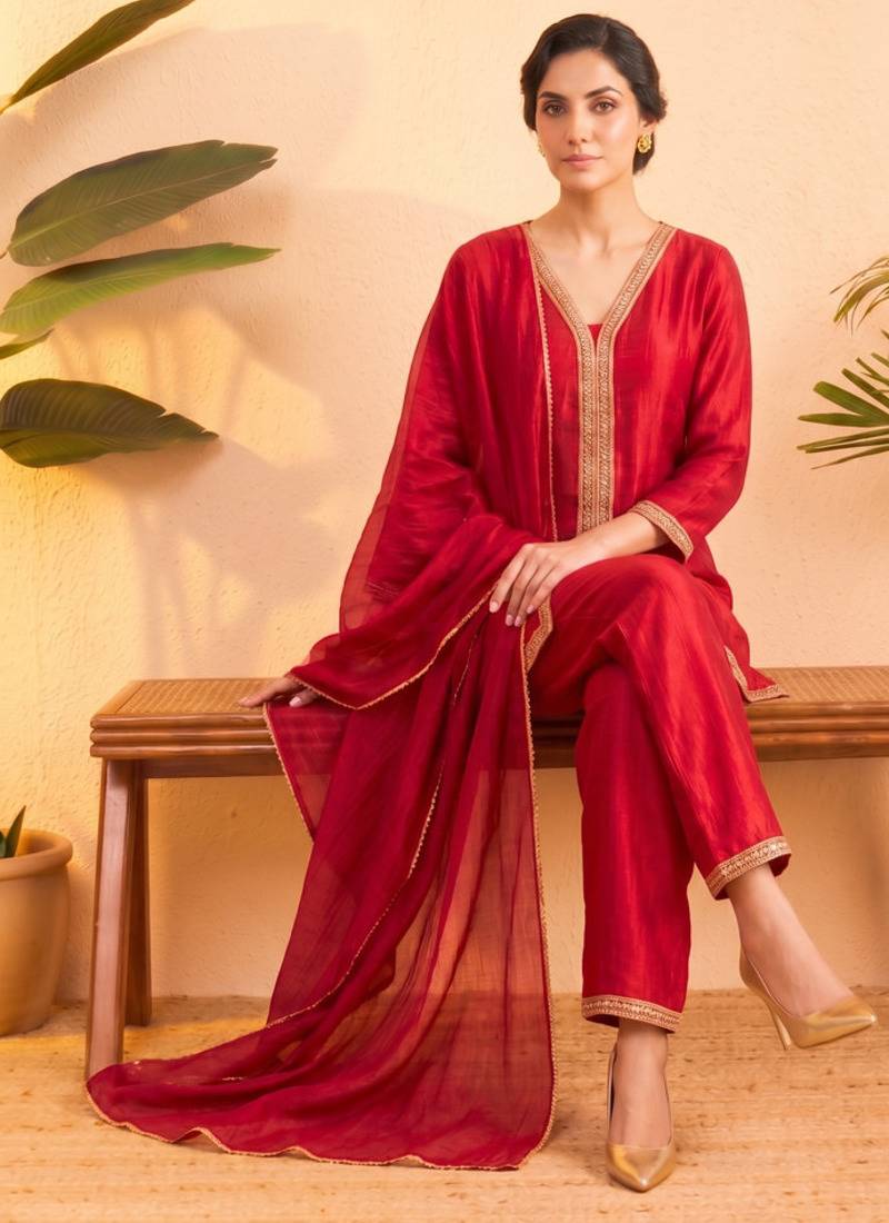 Pink vichitra silk embroidered kurta palazzo set with dupatta for women