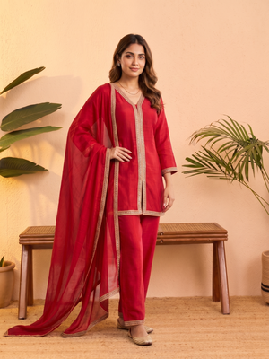 Pink vichitra silk embroidered kurta palazzo set with dupatta for women 3