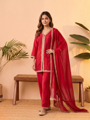 Pink vichitra silk embroidered kurta palazzo set with dupatta for women 4
