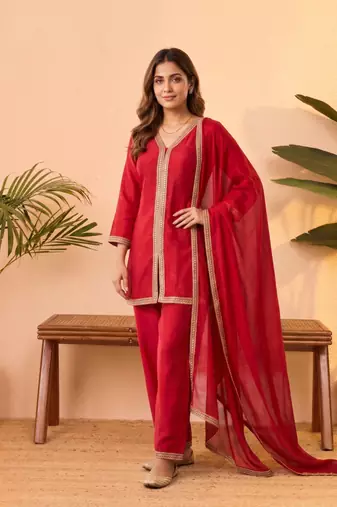 Pink vichitra silk embroidered kurta palazzo set with dupatta for women
