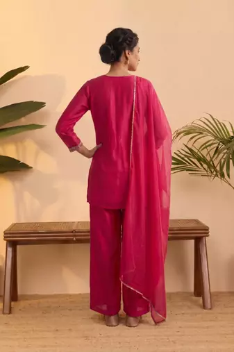 Pink vichitra silk embroidered kurta palazzo set with dupatta for women