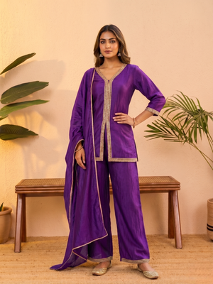 Purple vichitra silk embroidered kurta palazzo set with dupatta for women 1