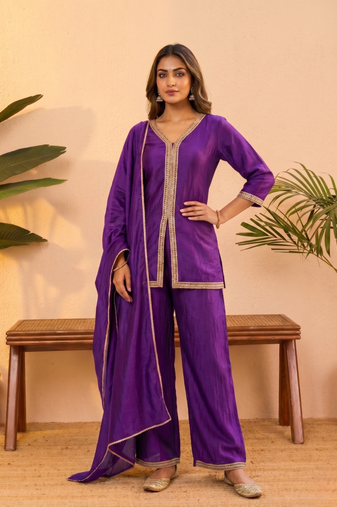 Purple vichitra silk embroidered kurta palazzo set with dupatta for women