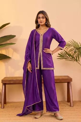 Purple vichitra silk embroidered kurta palazzo set with dupatta for women