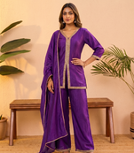 Purple vichitra silk embroidered kurta palazzo set with dupatta for women