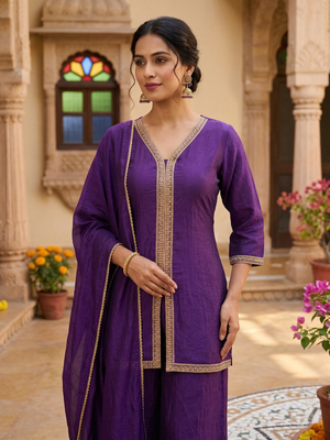 Purple vichitra silk embroidered kurta palazzo set with dupatta for women 2
