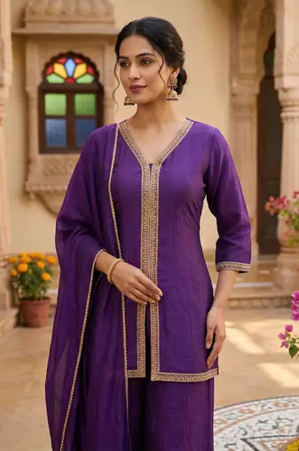 Purple vichitra silk embroidered kurta palazzo set with dupatta for women