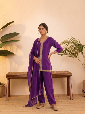 Purple vichitra silk embroidered kurta palazzo set with dupatta for women 3
