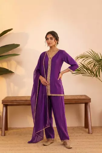 Purple vichitra silk embroidered kurta palazzo set with dupatta for women