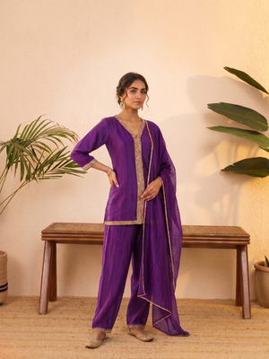 Purple vichitra silk embroidered kurta palazzo set with dupatta for women 4