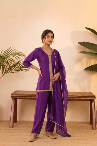 Purple vichitra silk embroidered kurta palazzo set with dupatta for women