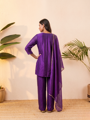 Purple vichitra silk embroidered kurta palazzo set with dupatta for women 5