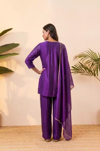 Purple vichitra silk embroidered kurta palazzo set with dupatta for women