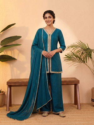 Teal vichitra silk embroidered kurta palazzo set with dupatta for women 1
