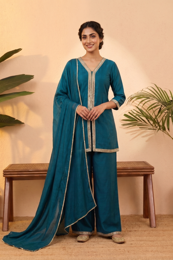 Teal vichitra silk embroidered kurta palazzo set with dupatta for women