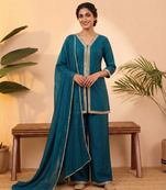 Teal vichitra silk embroidered kurta palazzo set with dupatta for women
