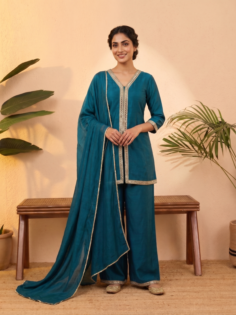 Teal vichitra silk embroidered kurta palazzo set with dupatta for women