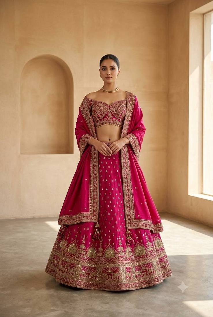 Dark Pink Thread Lehenga Choli With Dupatta