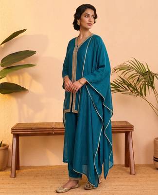 Teal vichitra silk embroidered kurta palazzo set with dupatta for women 2