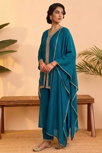 Teal vichitra silk embroidered kurta palazzo set with dupatta for women
