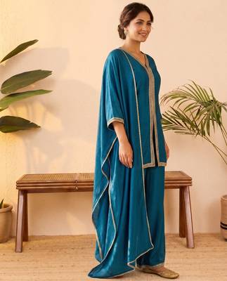 Teal vichitra silk embroidered kurta palazzo set with dupatta for women 3