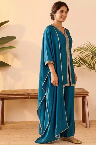 Teal vichitra silk embroidered kurta palazzo set with dupatta for women