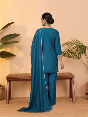 Teal vichitra silk embroidered kurta palazzo set with dupatta for women 4