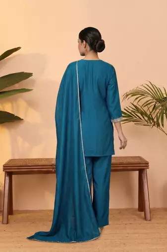 Teal vichitra silk embroidered kurta palazzo set with dupatta for women