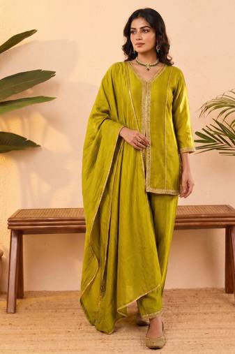 Yellow vichitra silk embroidered kurta palazzo set with dupatta for women