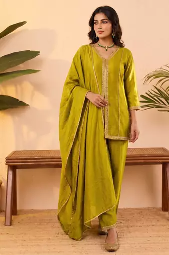 Yellow vichitra silk embroidered kurta palazzo set with dupatta for women