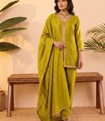 Yellow vichitra silk embroidered kurta palazzo set with dupatta for women
