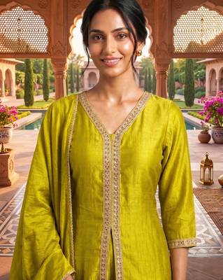 Yellow vichitra silk embroidered kurta palazzo set with dupatta for women 2
