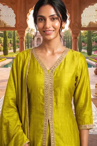 Yellow vichitra silk embroidered kurta palazzo set with dupatta for women