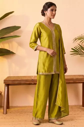 Yellow vichitra silk embroidered kurta palazzo set with dupatta for women