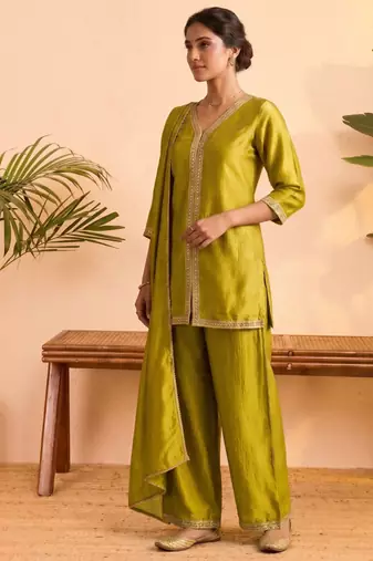 Yellow vichitra silk embroidered kurta palazzo set with dupatta for women