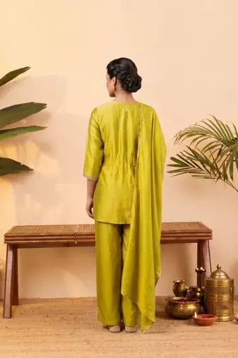 Yellow vichitra silk embroidered kurta palazzo set with dupatta for women