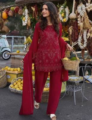 Premium Red Embroidered Kurta Palazzo Set with Dupatta 1