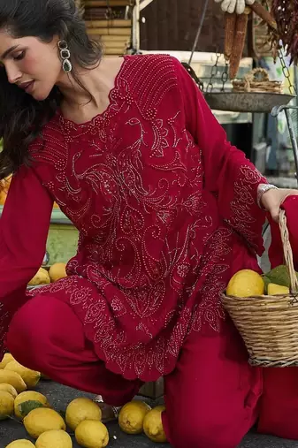 Premium Red Embroidered Kurta Palazzo Set with Dupatta