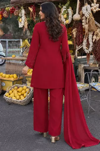 Premium Red Embroidered Kurta Palazzo Set with Dupatta