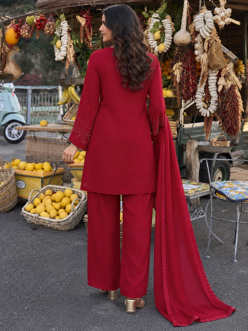 Premium Red Embroidered Kurta Palazzo Set with Dupatta