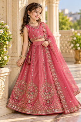 Dusty rose embroidered girls lehenga choli set in fandy silk with khatli beads work for wedding 1